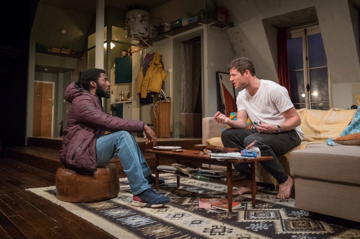 Malachi Kirby (Alioune) & James Norton (Zack) in Belleville at the Donmar, directed by Michael Longhurst, designed by Tom Scutt. Photo by Marc Brenner
