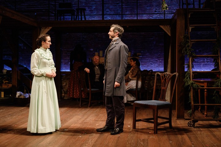 The Primary Stages production of  Little Women. Written by Kate Hamill and based on the novel by Louisa May Alcott. The play is directed by Sarna Lapine and features Kate Hamill as "Meg"
