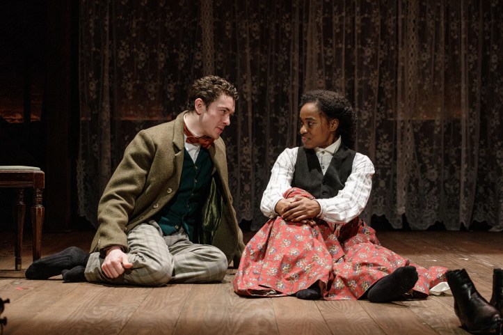 The Primary Stages production of  Little Women. Written by Kate Hamill and based on the novel by Louisa May Alcott. The play is directed by Sarna Lapine and features Kate Hamill as "Meg"