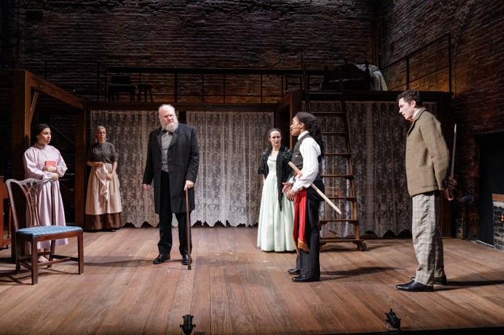 The Primary Stages production of  Little Women. Written by Kate Hamill and based on the novel by Louisa May Alcott. The play is directed by Sarna Lapine and features Kate Hamill as "Meg"