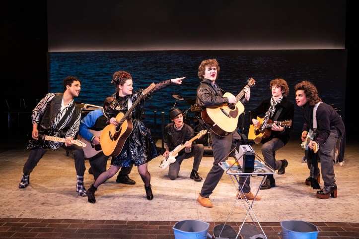Jakeim Hart, Max William Bartos, Zara Devlin, Sam Poon, Brenock O'Connor, Brendan C. Callahan &amp; Gian Perez in SING STREET at New York Theatre Workshop, Photo by Matthew Murphy